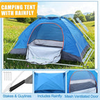 4 Pcs Camping Tent Set Include 1-2 Person Tent, Sleeping Bag, Air Mattress and 110v Ac/12v Electric Air Pump with 3 Nozzles Easy Set up Shelter with Rain Fly and Carrying Bag for Outdoor