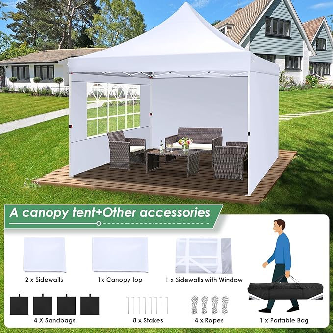 COBIZI Canopy 10x10 Pop Up Canopy Tent with 3 Sidewalls, Commercial Party Tent Ez Waterproof Outdoor Instant Gazebo UV 50+ Event Shelter, Garden Tents for Parties Camping with Sandbags，White