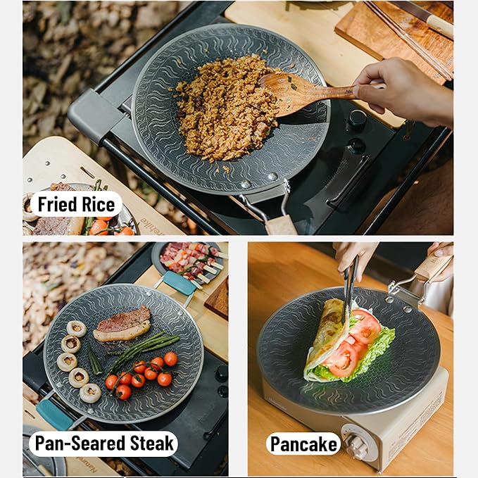 Naturehike Griddle Pan with Foldable Handle, 11" Non Stick Flat Grilling Skillet for Indoor Outdoor, Honeycomb Coating Stainless Steel Crepe Pan for Korean Barbecue, Camping (11.7-inch)