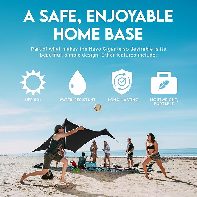 Neso Gigante Portable Beach Tent Sun Shelter - Lightweight Beach Shade Canopy - Easy Setup for Family Outings - Patented Reinforced Corners - UPF 50+ Sun Protection - 8ft Tall, 11 x 11ft - Black