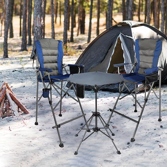 Extra Tall Folding Chairs 2 Pack & Adjustable Height Folding Table Set, Portable Outdoor Bar Table & Foldable Director Chairs with High Back and Storage Bag for Backyard,Beach,Travel