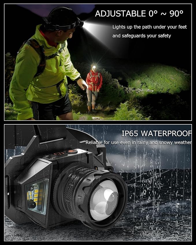 20Modes Headlamp Rechargeable with Zoom&Red Side Light,4000LM Headlight with Motion Sensor 3Color Lights, IP65 Waterproof 90° Adjustable Hiking Fishing Camping Emergency Hard Hat Headlamp