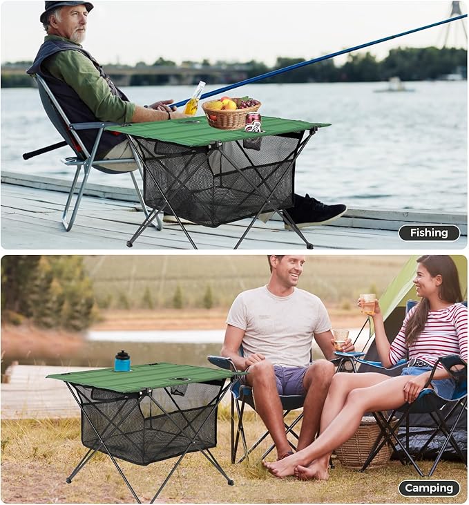 Lightweight Camping Table - Portable Folding Beach Side Table w/2 Cup Holders & Large Storage Basket, Compact Fold for Tailgate Travel Outdoor Fishing Picnic | 29.2" W x 21.7" D (Green)