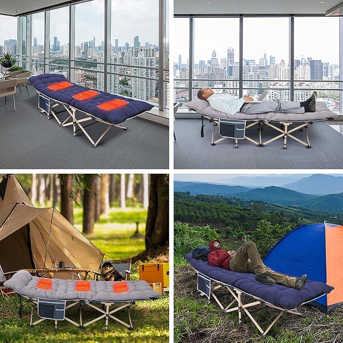 Camping Cot, Heated Camping Cot Folding Cot for Adults with Heated Mattress, Folding Bed, Carry Bag, Pillow & Side Mesh Holders Holds Weights Up to 500Lbs (Set of 2 Grey)