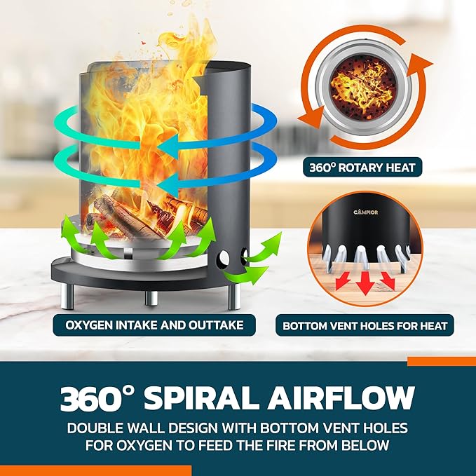 Wood Burning Fire Pit Stove with Black Exterior - Smokeless Outdoor Stove for Efficient Wood Fires, Camping, and Gatherings, Stainless Steel with Removable Ash Pan, Stand and Carry Bag