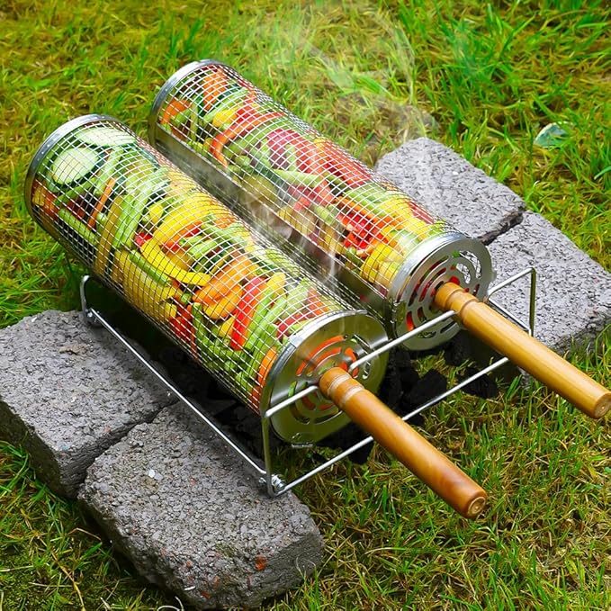 Rolling Grill Baskets (2PCS), Removable Wooden Handle, 304 Stainless Steel, Nesting Grilling Net, BBQ Accessories Tools for Vegetable Shrimp, Outdoor Cooking Camping, Birthday Gifts for Men/Dad/Husband