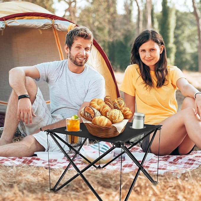 Folding Camping Table with 2 Cup Holders, Portable Picnic Table 600D Oxford Fabric, Lightweight Beach Table with Carrying Bag for Outdoor, Camping, Picnic, Beach, BBQ