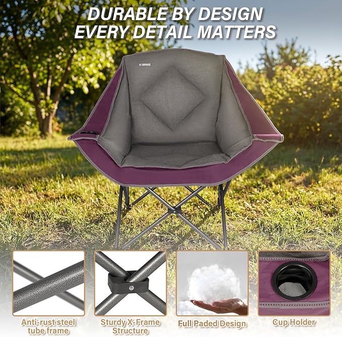 CAMPHILL Folding Camping Chair,Oversized Portable Camping Chair with Cup Holder,Heavy Duty Padded Lawn Chair for Camping, Tailgates, Beach, and Sports