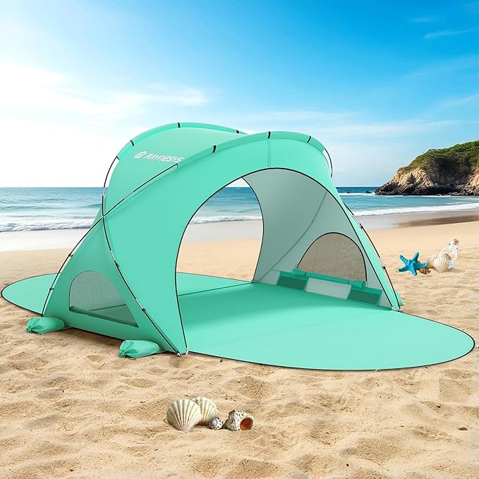 Beach Tent Sun Shelter, Sun Shelter for 1-4 Person, Beach Shade Tent, Beaches Shade with 2 Zippered Doors, Portable Tents for Camping Fishing, Green