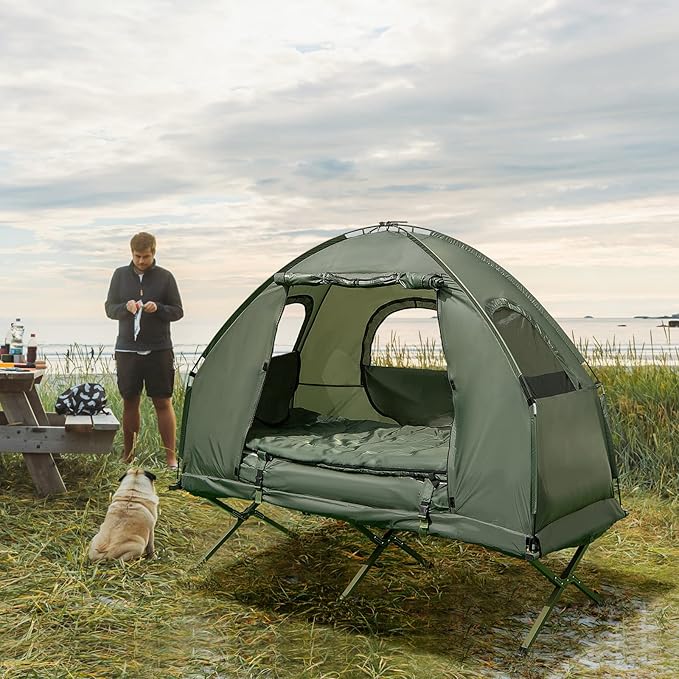 Goplus Camping Tent Cot, 5-in-1 Folding Camping Bed with Awning, Air Mattress, Sleeping Bag, Bedspread, Off Ground Elevated 1-2 Person Cot Tent with Carrying Bag, Air Pump for Camping Picnic Outdoor