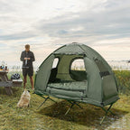 Goplus Camping Tent Cot, 5-in-1 Folding Camping Bed with Awning, Air Mattress, Sleeping Bag, Bedspread, Off Ground Elevated 1-2 Person Cot Tent with Carrying Bag, Air Pump for Camping Picnic Outdoor