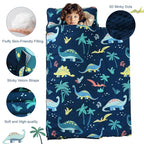 PHF Toddler Nap Mat with Removable Pillow and Minky Fleece Blanket, Rollup Design Warm Slumber Bags for Boys, 52"x20"x2" Kids Sleeping Bag for Daycare Preschool Travel Camping, Dinosaur