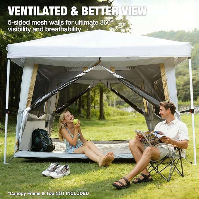 REDCAMP Canopy Camping Tent for Pop Up Canopy, Inner Tent with Mesh Window, Converts Straight Leg 10ft Canopy into Camping Shelter, Fits 4-6 Person, Khaki White(Frame/Shelter NOT Included)