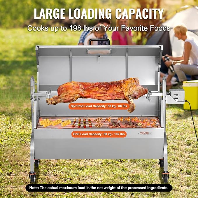VEVOR Rotisserie Grill with Hooded Cover Roaster, 46 Inch 198Lbs Capacity, BBQ Outdoor Pig Lamb Rotisserie Roaster, Electric 52W Motor Stainless Steel Roasterfor Camping Outdoor Barbecue