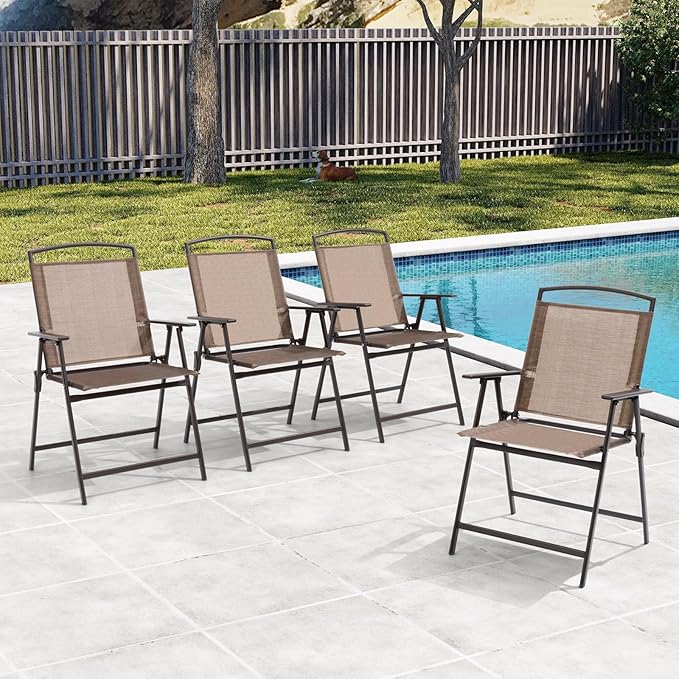 Crestlive Products Patio Folding Chairs Set of 8, Outdoor Folding Chairs with Durable Rust-Resistant Frame and Breathable Textilene Material for Outside, Brown