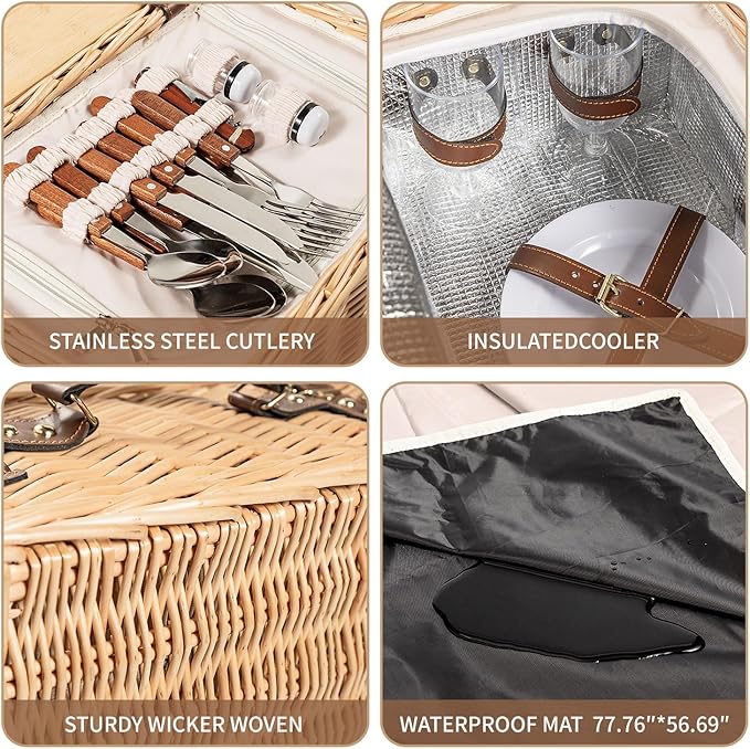 Multifunctional Wicker Picnic Basket Set for 4 Blanket Family Folding Wine Table,Insulated Portable Extra Big Storage Capacity Natural Woven Rattan Canasta De Full Tablewares Camping Outdoor Flowers