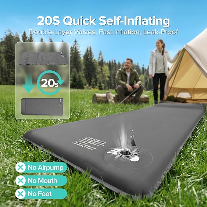 Self-Inflating Sleeping Pad for Camping, 3.1" Ultra-Thick Outdoor Camping Mat with Pillow & 9.5 R-Value, Insulated All-Season Foam Sleeping Pad for Camping Travel Tent Car,Gray