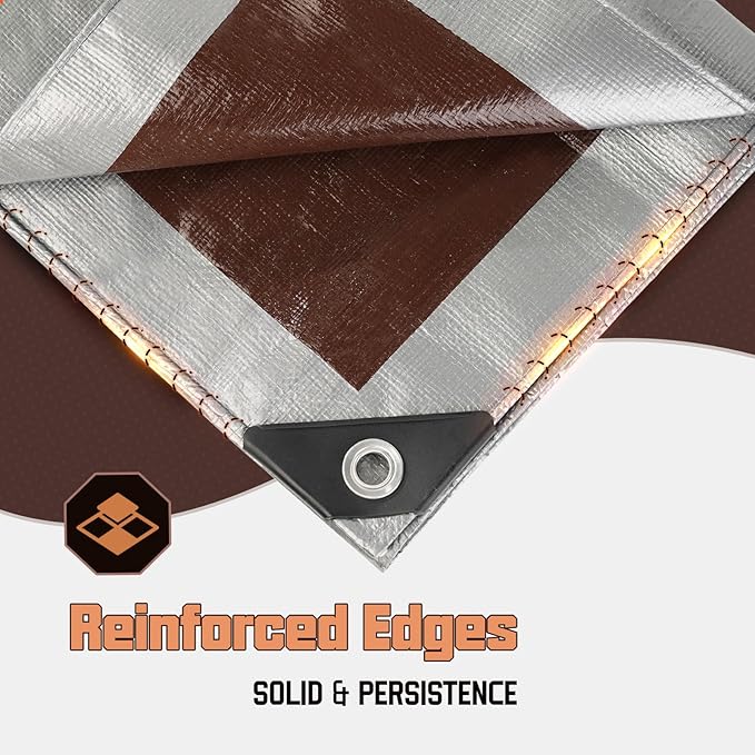 12 x 16 FT Waterproof Heavy Duty Tarp, 10 Mil Thick, Outdoor Furniture Covers, Plastic Insulated Tarpaulin for Camping Tent Roof Boat Patio Pool Cover, Large & Small Multi-Size Tarps, Silver/Brown