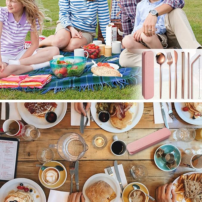 Flatware Silverware Set, Stainless Steel Portable Tableware Set Portuguese Chopsticks Straws Outdoor Camping Knife Fork Spoon, Tableware Cutlery Set(Black,1Set)