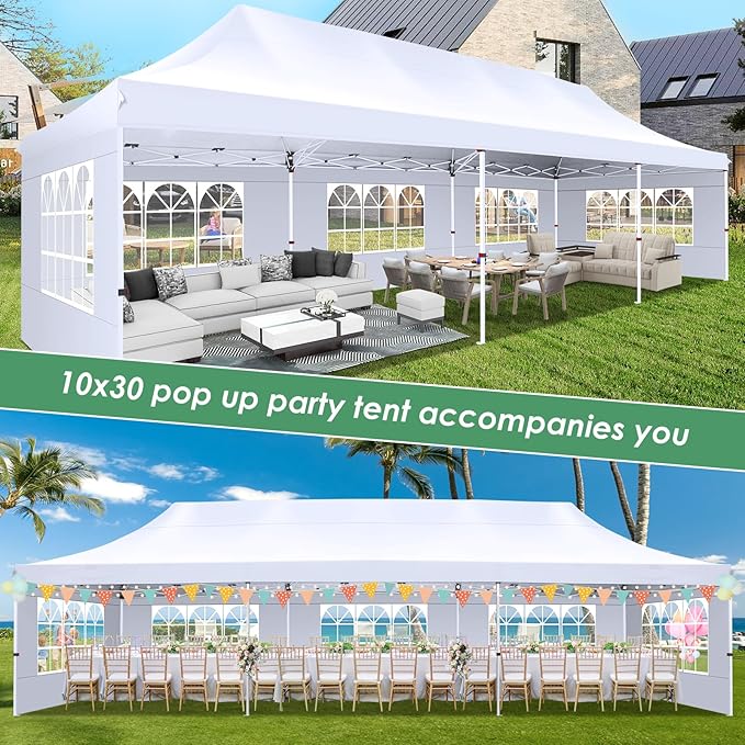 COBIZI Canopy Tent 10x30 Pop Up Canopy with 8 Removable Sidewalls Party Tents for Parties Wedding Patio Commercial Waterproof and UV50+ Ez Outdoor Instant Gazebo with Roller Bag & 4 Sandbags（White