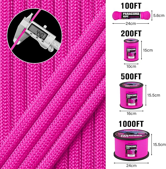1200 Paracord Rope - 4.4mm 14 Strand Nylon Parachute Spool para Cord Lanyard for Outdoor Camping Survival Utility Tent Crafting DIY Projects Fishing Clothsline Bracelet - Neonpink 1000FT