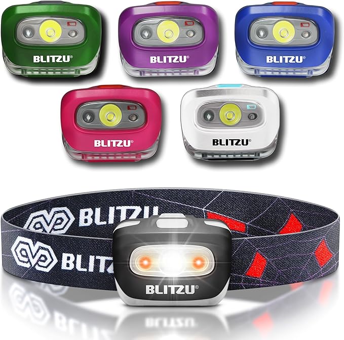 BLITZU LED Headlamp Flashlight for Adults & Kids, Lightweight, Waterproof Head Lamp with White & Red Light, Comfortable Headband, Perfect for Running, Camping, Hiking, 3 AAA Batteries Included, Black