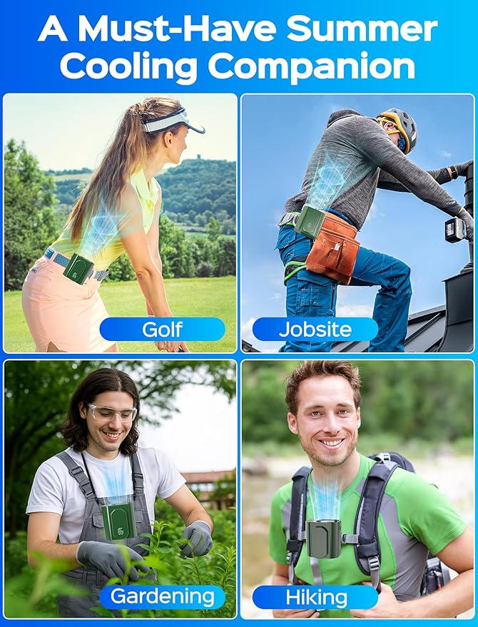 10000PRM Portable Waist Clip Fan, Up to 20Hrs Mini Personal Fan Rechargeable, Belt Clip on Waist Portable Cooling Fans for Camping, Outdoor, Jobsite - Green