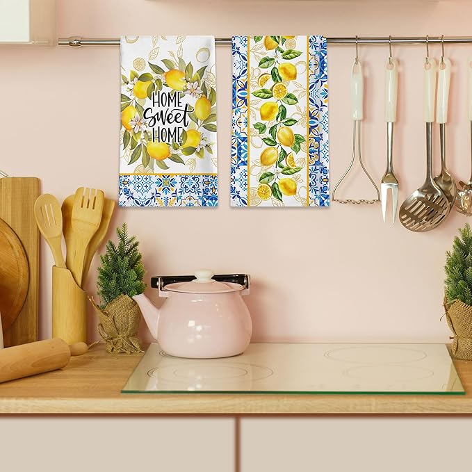Lemon Kitchen Towels, Lemon Mediterranean Dish Towels Set of 2, Farmhouse Home Sweet Home Kitchen Decor, Summer Yellow Decorative Hand Tea Towels for Housewarming (18x26 Inches)