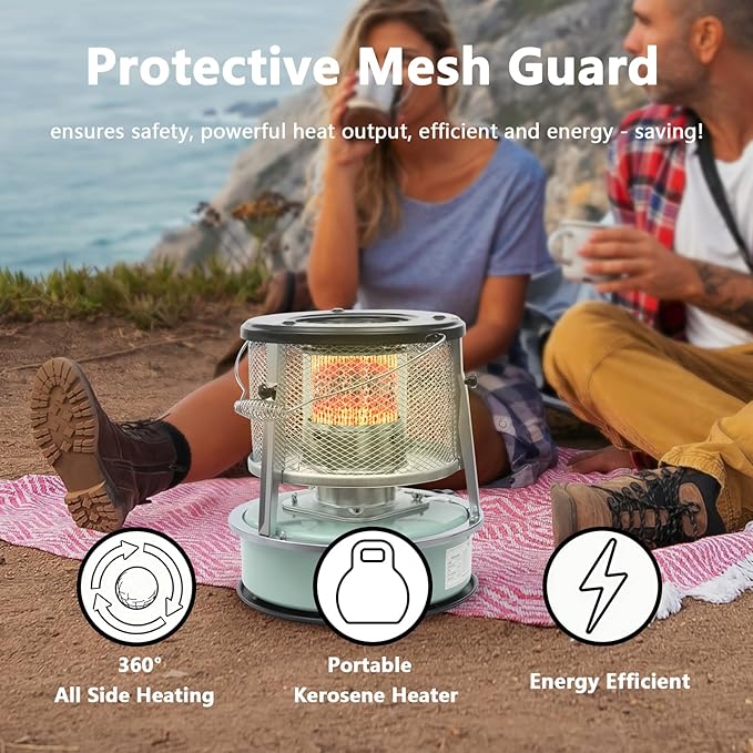 Kerosene Heater for Indoor & Outdoor Use, 9000 BTU 4.6L Portable Non Electric Stove with Fuel Gauge, Cordless Kerosene Space Heaters for Camping, Garage, Basement, Emergency Oil Heater, Green