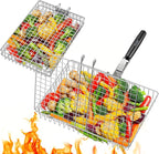 Nesting Grill Baskets, 2PCS Grilling Baskets for Outdoor with Removable Handle, Stainless Steel BBQ Camping Cooking Accessories Tools for Meat Steak Fish Vegetable Shrimp, Gifts for Men Dad Husband