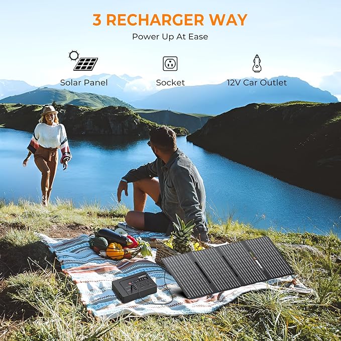 Powkey Solar Powered Generator, 200W Portable Power Station with Solar Panels 40W, 146Wh Power Bank with 2 AC Outlet 110V Pure Sine Wave for Outdoor Camping Emergency Home