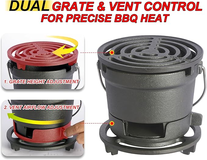 2-in-1 Hibachi Grill Outdoor, Pre-Seasoned Cast Iron, Tabletop MINI Portable Charcoal Grill for Camping - w/Draft Door, 2PCS Grates 6.3"
