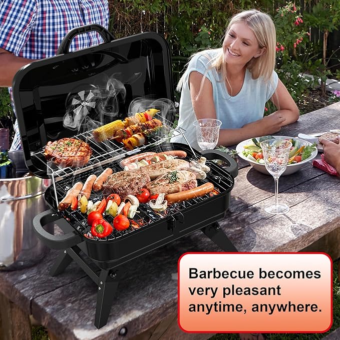Portable Charcoal Grill with Warming Rack, Small Tabletop Barbecue Grill, Foldable Legs, Adjustable Vent, Total 343 Sq. In.Cooking Space, Outdoor BBQ Grill for Camping and Picnics (Black)