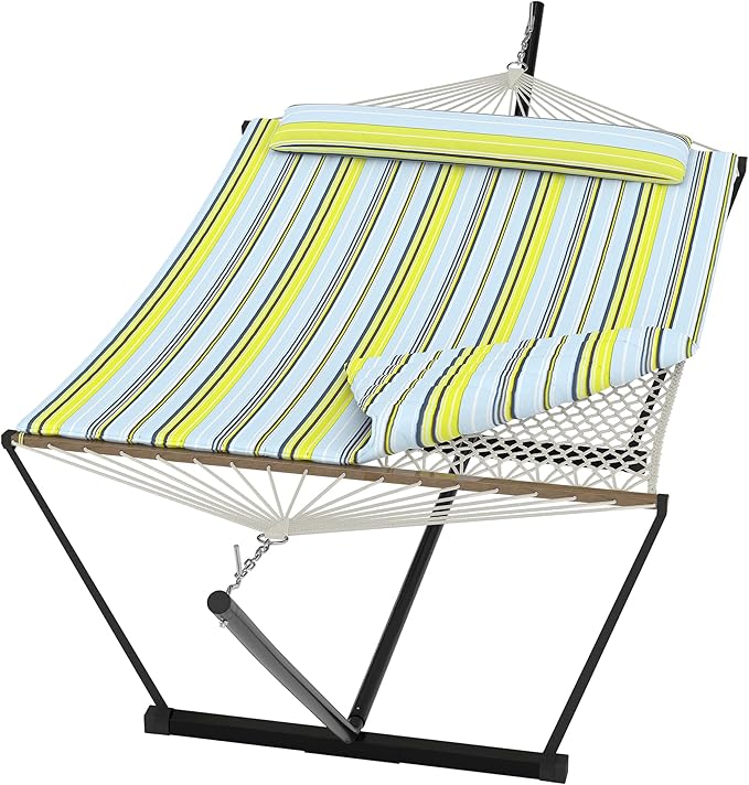 Heavy Duty 2 Person Double Hammock with Portable Adjustable Steel Stand, Outdoor Hammock with Pillow for Patio, Garden, Beach, Backyard Camping