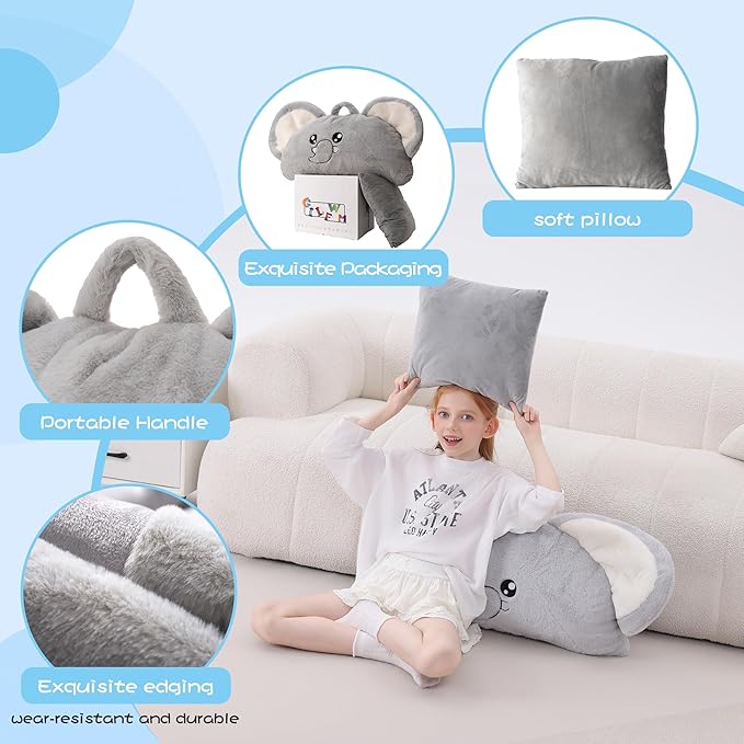 70" 4.2lbs Elephant Thickened Kids Nap Mat for Preschool, Daycare,Kindergarten,Soft Washable for Boys and Girls, 2-in-1 Stuffed Animals Sleeping Bag and Pillow, Sleep Sack for Toddlers
