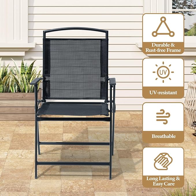 Crestlive Products Patio Folding Chairs Set of 2, Outdoor Folding Chairs with Durable Rust-Resistant Frame and Breathable Textilene Material for Outside, Black