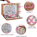 Wicker Picnic Basket for 4 with Waterproof Picnic Blanket and Insulated Cooler, Willow Hamper for Camping, Outdoors, Photoshoot, or a Birthday, Valentine’s Day, Wedding Gift, Pink