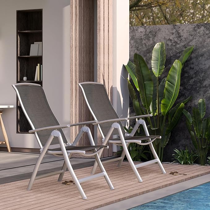 Domi Patio Folding Chairs Set of 2, Aluminium Frame Outdoor Reclining Patio Chairs for Garden Camping Poolside Beach Deck, Adjustable High Back Lawn Chairs with Textilene Fabric Seat, Dark Gray