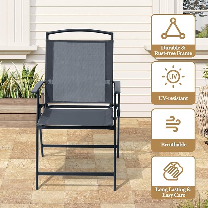 Crestlive Products Folding Patio Chairs Set of 4, Foldable Outdoor Chairs for Outside Portable Lawn Chair with Durable Rust-Resistant Frame and Breathable Textilene Material, Gray