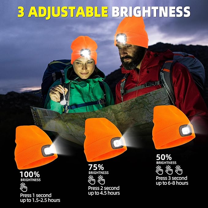 YMHB Unisex Beanie Hat with Light, USB Rechargeable LED Headlamp Hat Night Light Cap Christmas Stocking Stuffers Gifts for Men Dad Father Husband (Orange)