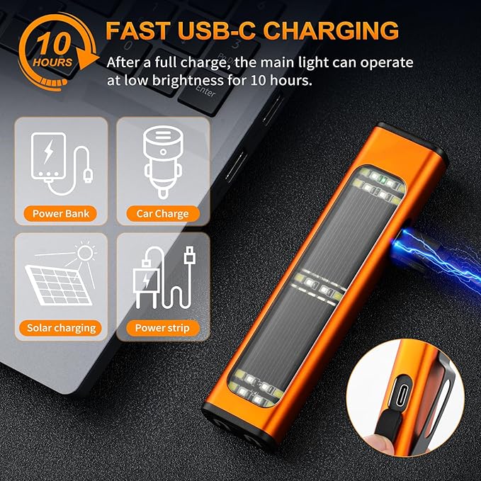 Solar/Rechargeable Flat Flashlights, 900 Lumens EDC Tactical Flashlight, Multi Function LED Small Flashlight, 7 Modes IP65 Waterproof for Home, Camping,and Emergency Use (Orange)