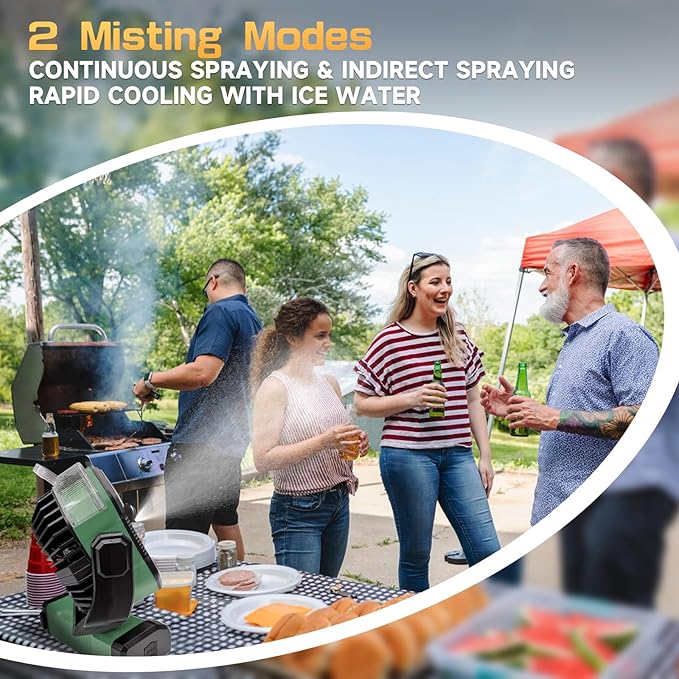 Portable Misting Camping Fan Rechargeable, 20000mAh Cordless Battery Powered Fan with LED Lantern - Rechargeable Camping Fan with Remote, 360° Pivot Hook for Outdoor, Hurricane, RV, Tent, Office
