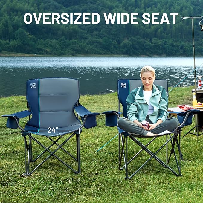 Timber Ridge Oversized Folding Camping Chair for Adults, Support 550 LBS Heavy Duty Chairs with Cup Holder Side Pocket for Camping, Lawn, Picnic, 2 Pack(Navy)