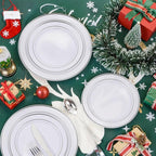 bUCLA 300PCS Silver Disposable Plastic Dinnerware Set - 50 Guests White Silver Disposable Plates Include 50 Dinner Plates,50 Dessert Plates,50 Knives,50 Forks,50 Spoons,50 Cups for Party & Christmas