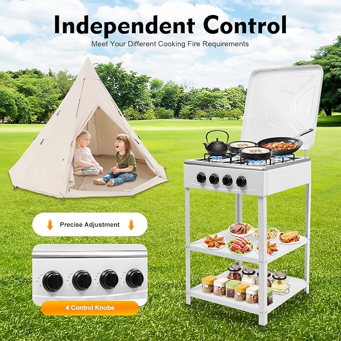 4 Burner Gas Stove, 300000BTU Portable LNG Camping Grill Stove Stainless Steel Manual Ignition Camping Stove w/Support Leg Stand & Wind Blocking Cover Adapter for Outdoor Camping Picnic RV Cooking