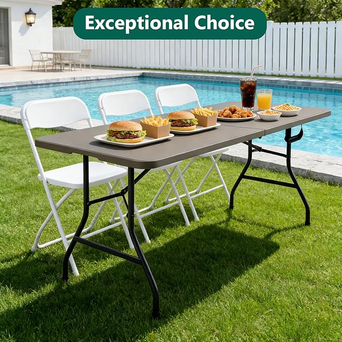 Folding Table 6FT Heavy Duty Plastic Table with Handle, Foldable&Portable, Fold-in-Half Utility Tables for Outdoor, Dining, Wedding, Events, Indoor, Picnic, Camping, Party,Khaki