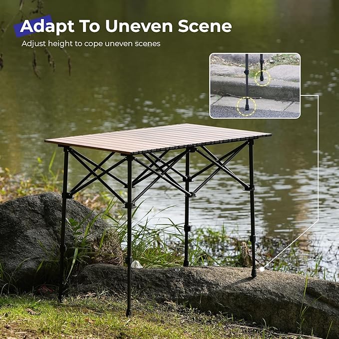 Camping Table Folding Portable Camp Aluminum Fold Up Lightweight Roll Up Table Adjustable Height with Carry Bag Indoor Outdoor for Camping, Picnic, Backyard, BBQ, Patio, Wood Grain