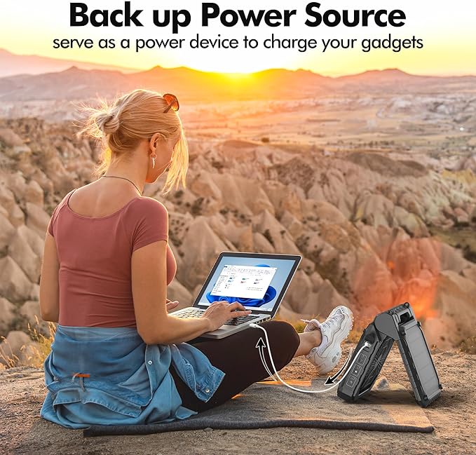 Solar Fan with LED Lantern - Battery Powered with Solar Panel, 90° Adjust, 3 Speed & Timer, 40Hrs Cooling, Rechargeable Battery Operated, Solar Powered for Camping Outdoor Fishing Travel RV Hurricane
