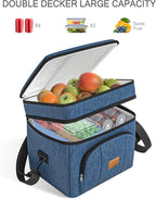 Rnivvi Lunch Box for Men, Double Decker Insulated Cooler Bag Lunch Bag Reusable Leakproof Tote Lunch Container with Strap for Work Family Picnic Hiking Camping, 18 Cans 12L, Large Adults, Blue