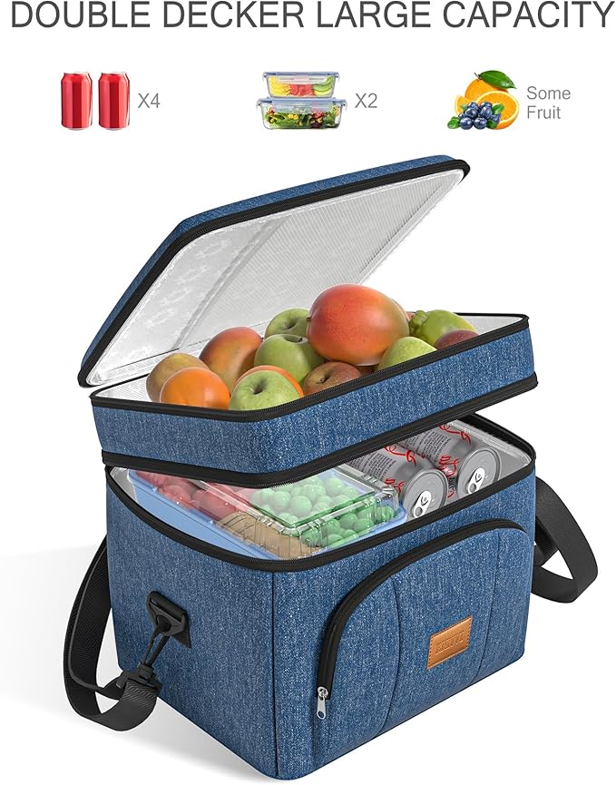 Rnivvi Lunch Box for Men, Double Decker Insulated Cooler Bag Lunch Bag Reusable Leakproof Tote Lunch Container with Strap for Work Family Picnic Hiking Camping, 18 Cans 12L, Large Adults, Blue